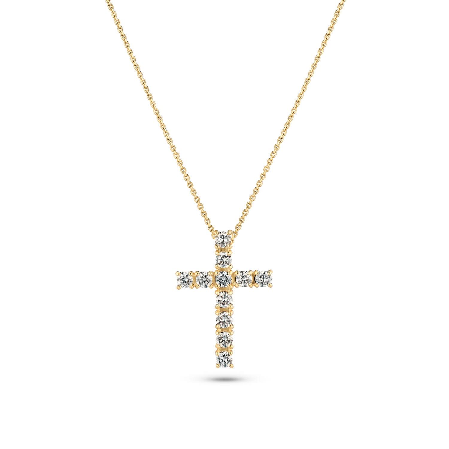 14k Yellow Gold Alba Croce Diamond Necklace SJ-N2570-WD-YG showcased elegantly, featuring a polished yellow gold finish and adorned with sparkling lab-grown diamonds, perfect for a luxurious look.