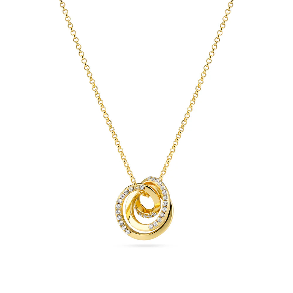 Gold necklace with a circular pendant on a white background