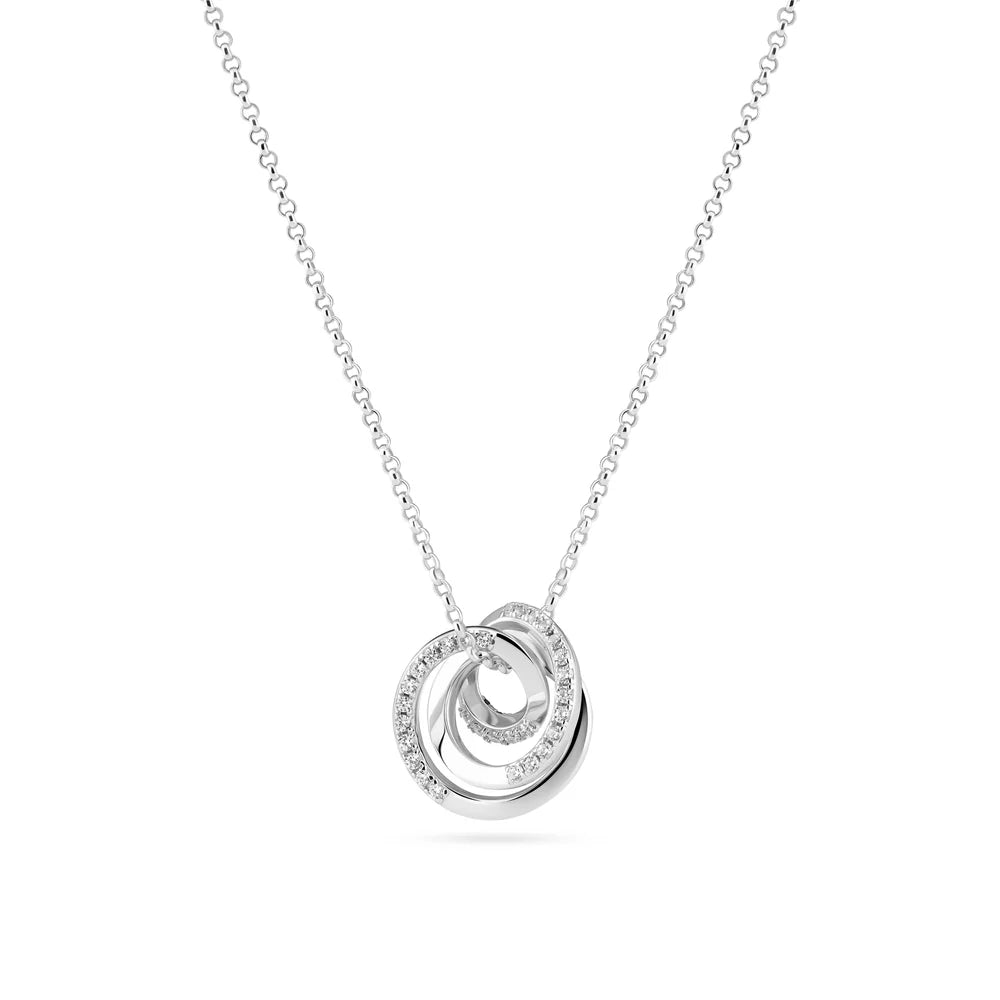 Silver necklace with a double-circle pendant on a white background