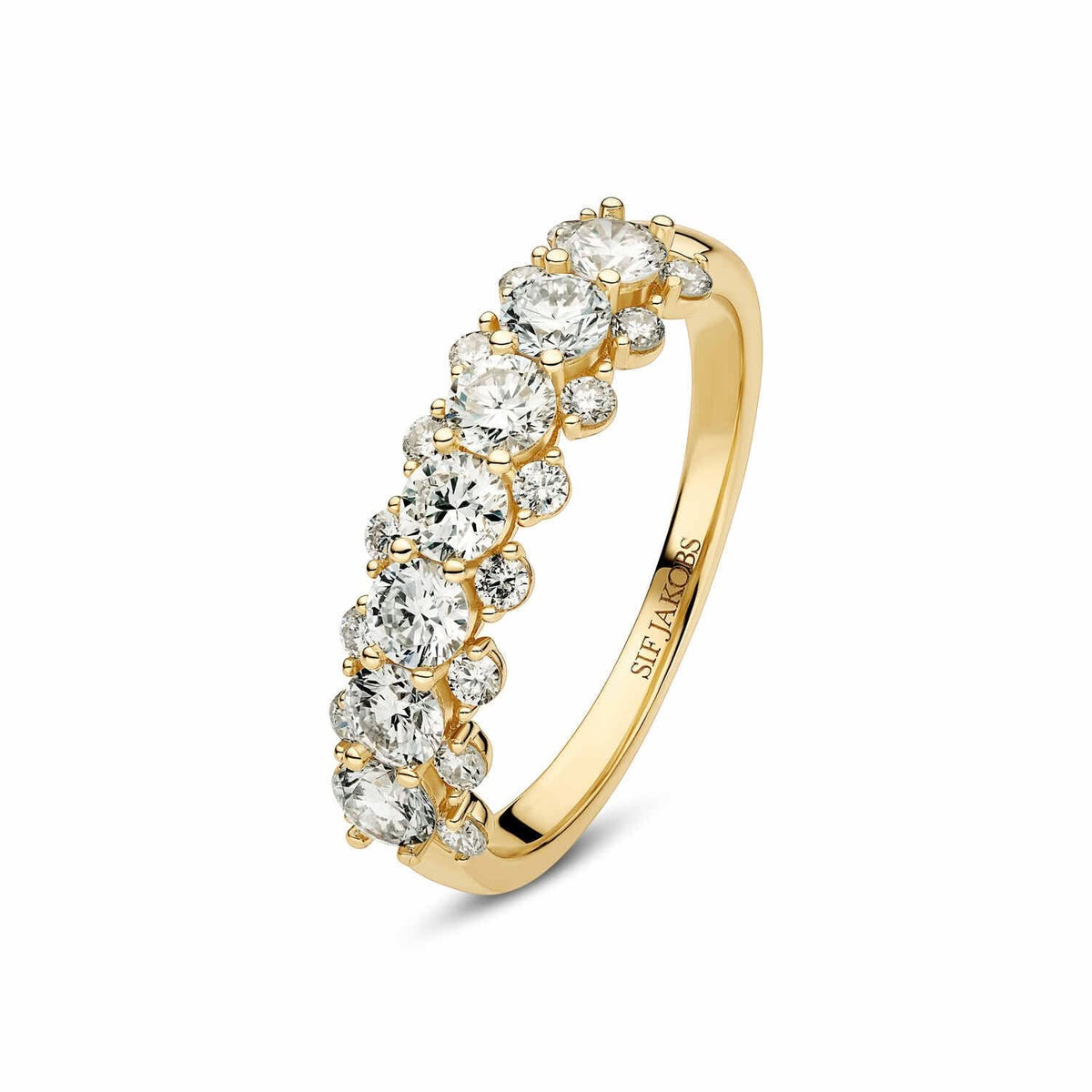 14k Yellow Gold Fior Diamond Ring SJ-R2525-WD-YG elegantly displayed, showcasing dazzling lab-grown diamonds in a luxurious setting.