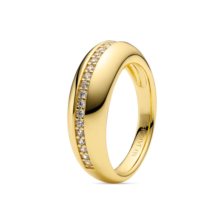 Gold ring with diamond accents on a white background