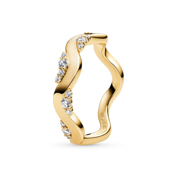 Gold ring with diamond accents on a white background