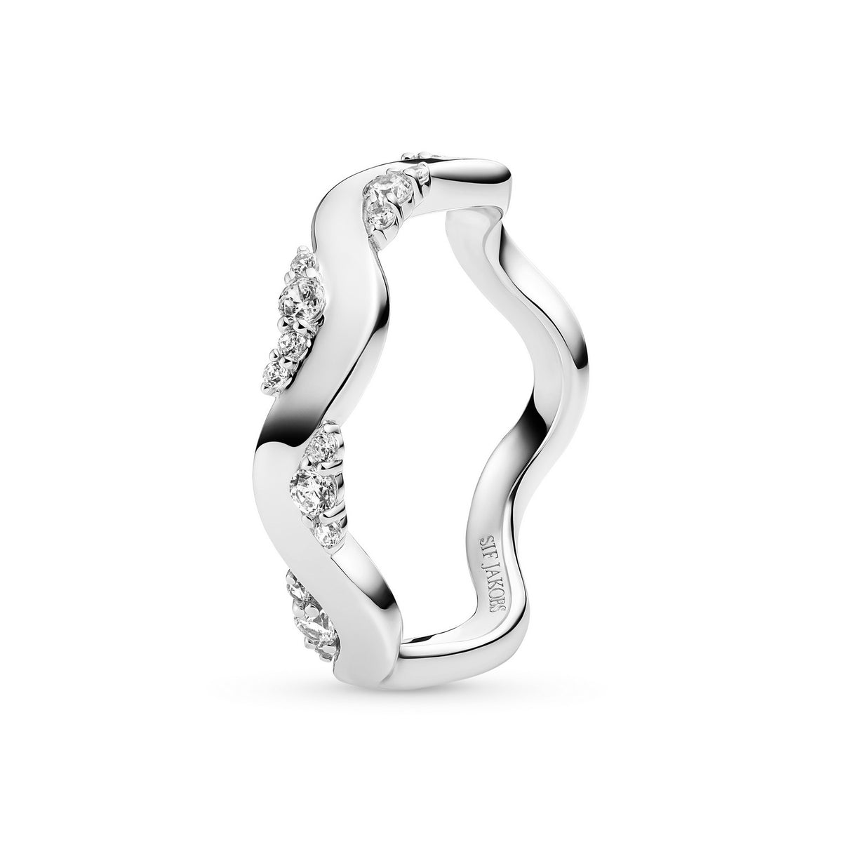 Silver ring with diamond accents on a white background