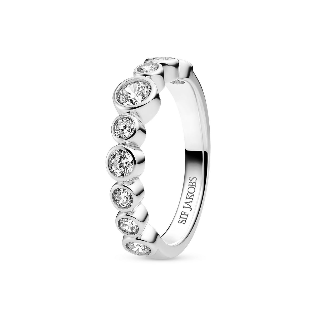 Silver ring with embedded diamonds on a white background