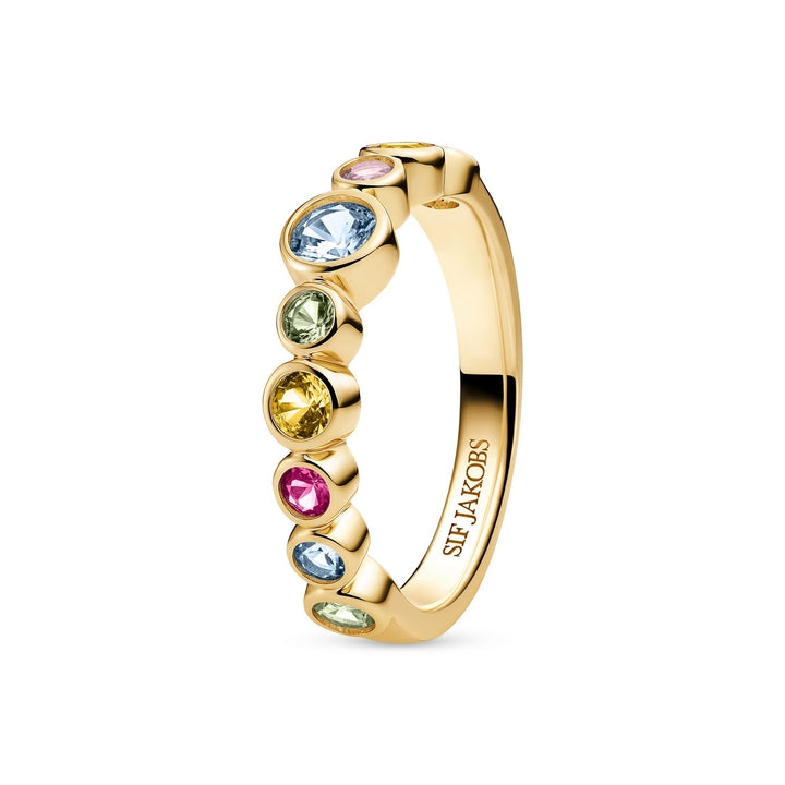 Gold ring with colorful gemstones on a white background