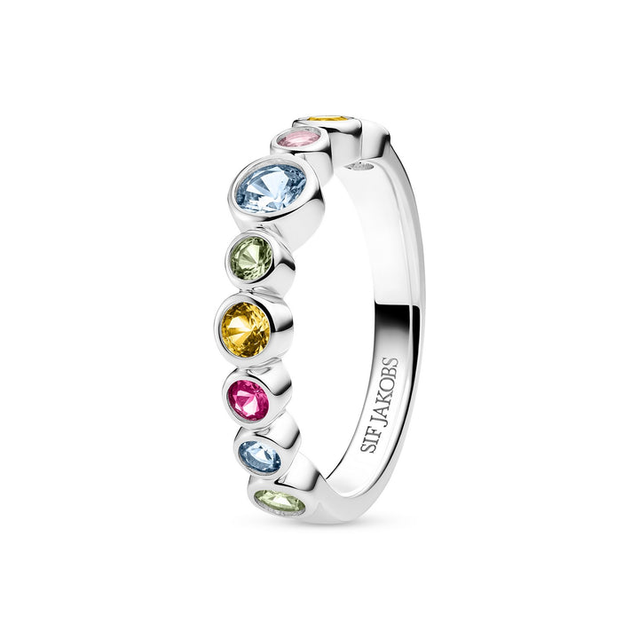 Silver ring with colorful gemstones on a white background