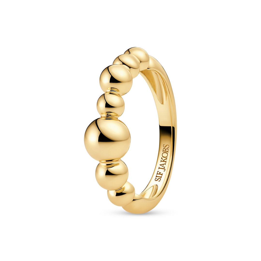 Gold ring with spherical design on a white background