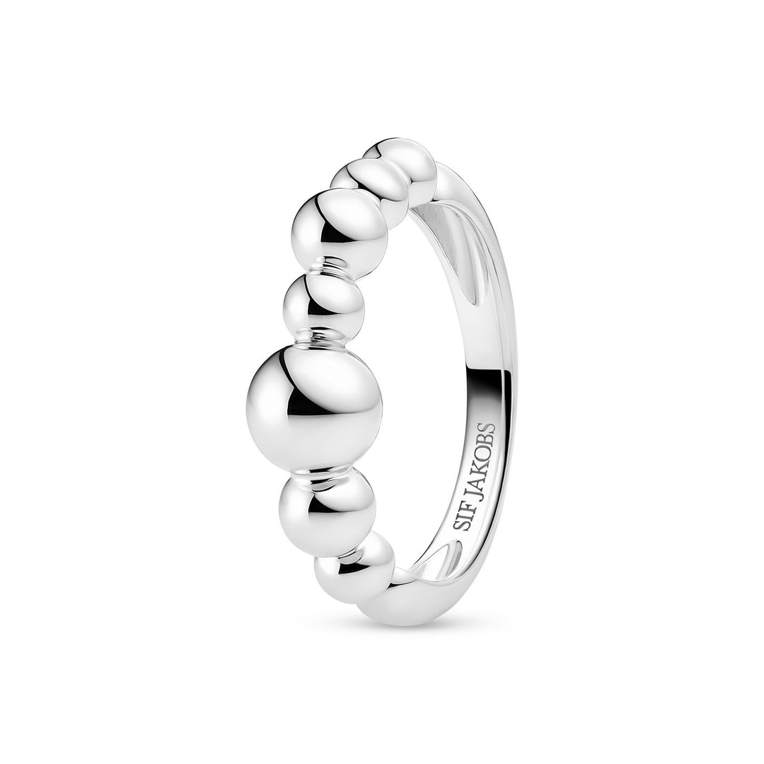 Silver ring with bead-like design on a white background
