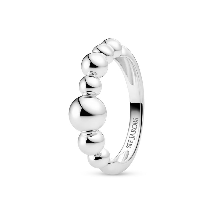 Silver ring with bead-like design on a white background