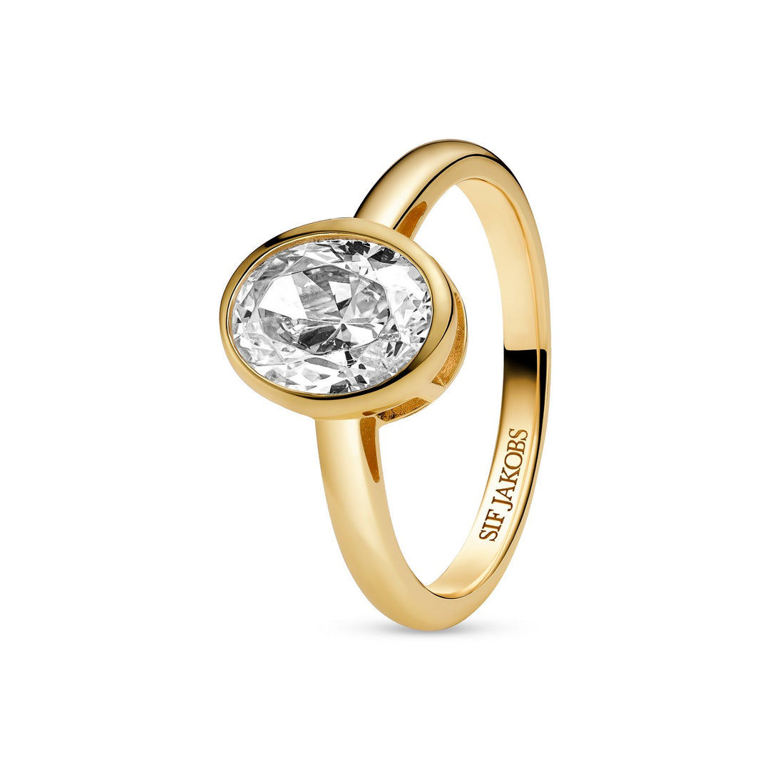Gold ring with a clear gemstone on a white background