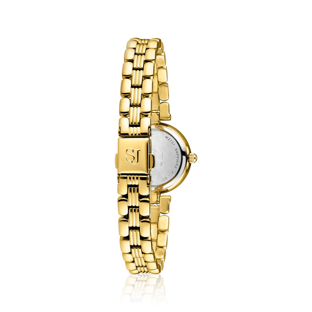Gold watch with a white face on a white background