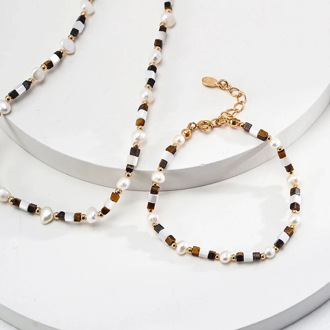 Tiger eye gemstone pearl beaded bracelet