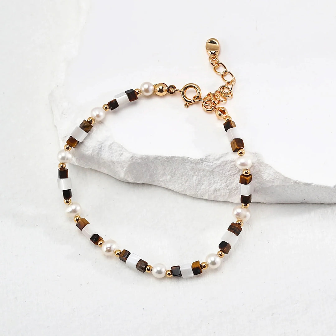 Tiger eye gemstone pearl beaded bracelet