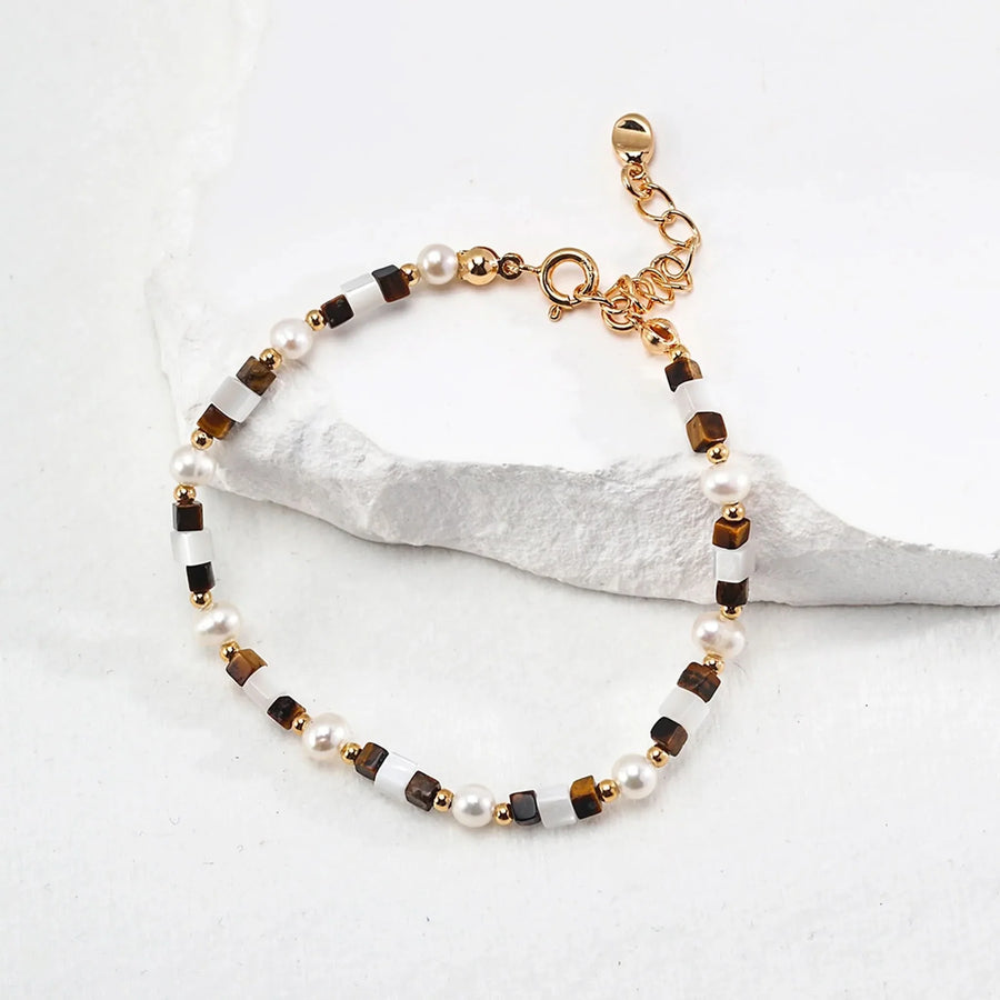 Tiger eye gemstone pearl beaded bracelet