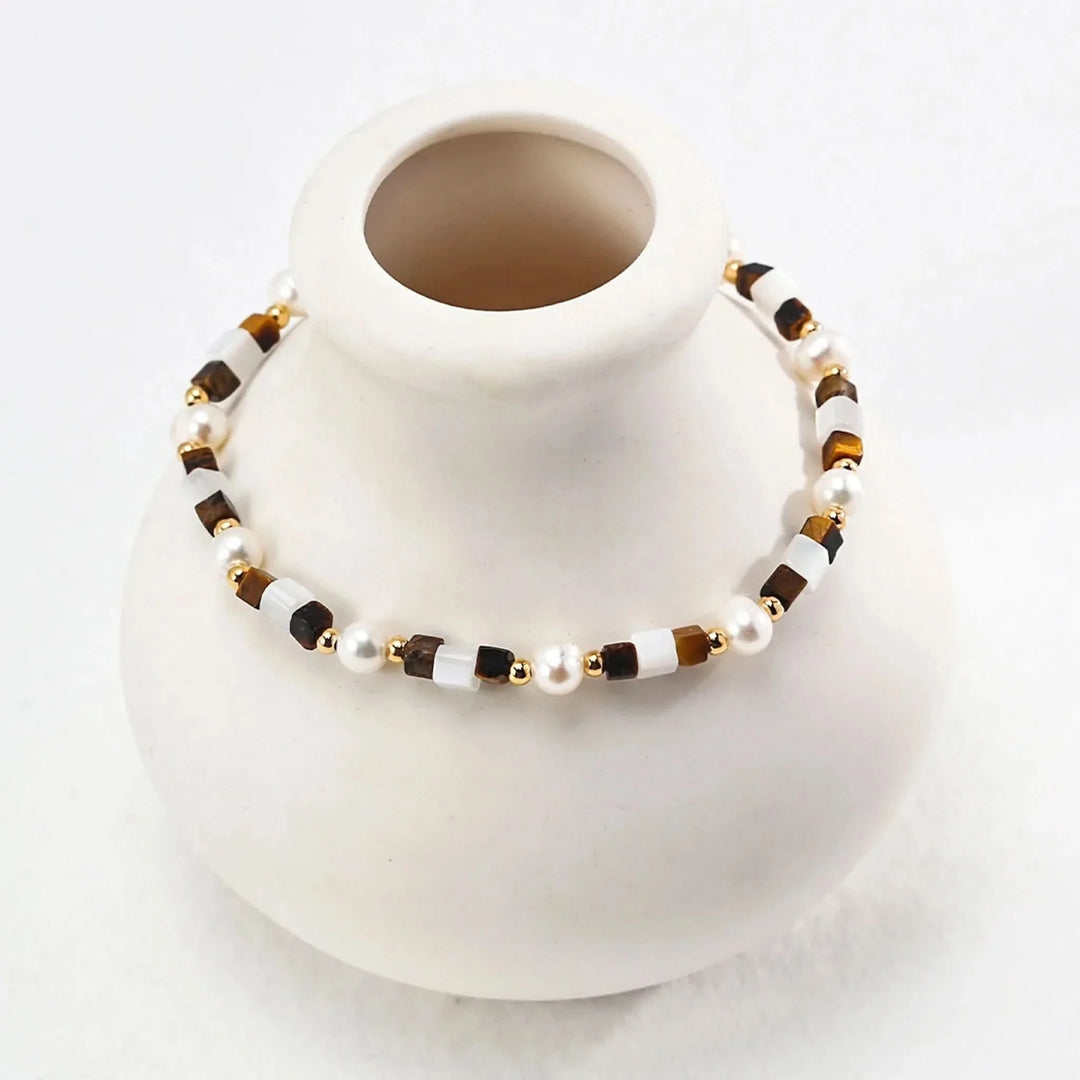 Tiger eye gemstone pearl beaded bracelet
