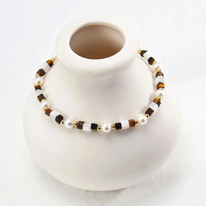 Tiger eye gemstone pearl beaded bracelet