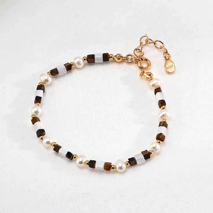 Tiger eye gemstone pearl beaded bracelet