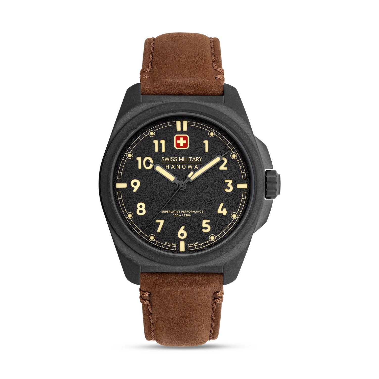 Swiss Military Hanowa watch with brown leather strap on white background