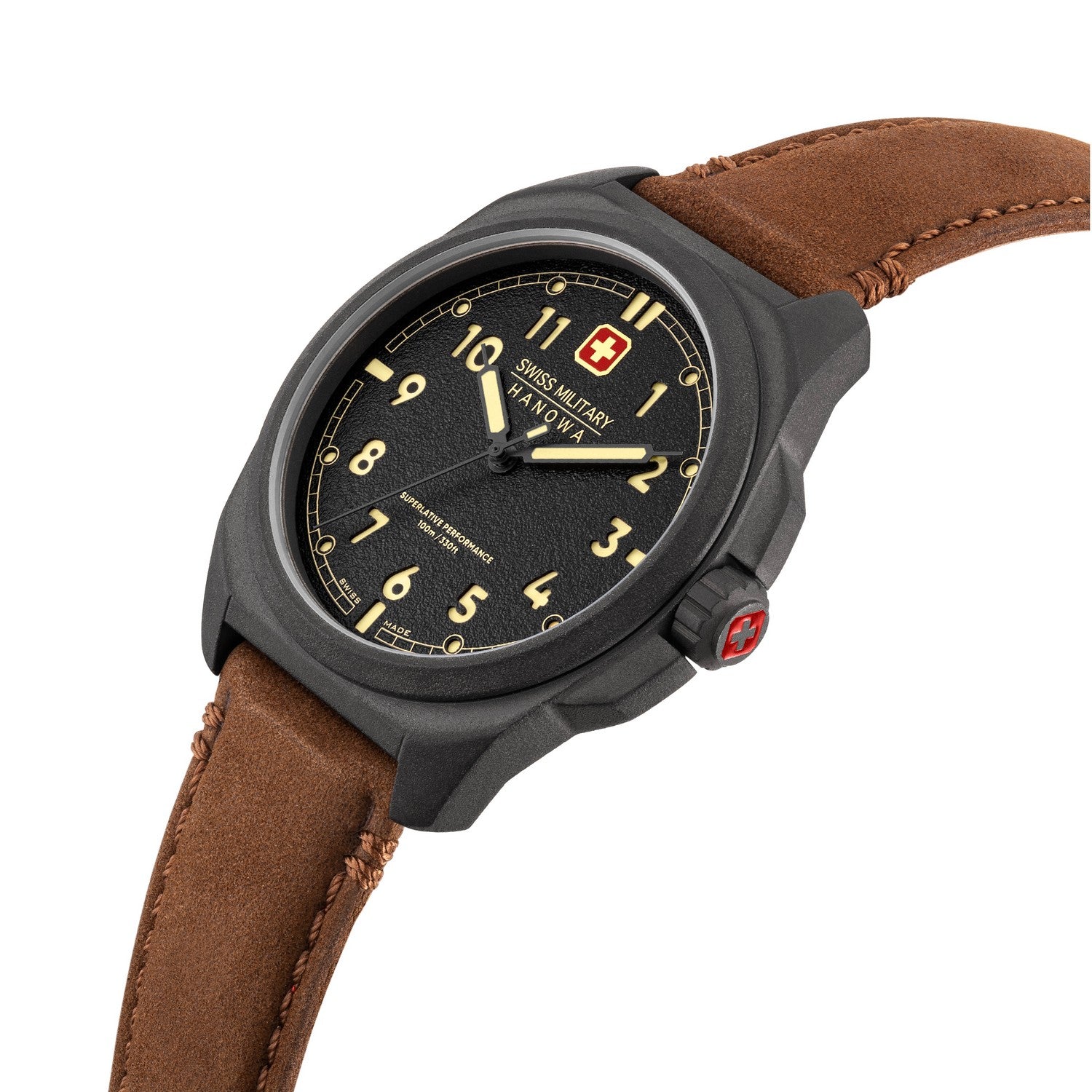 Swiss Military Hanowa watch with brown leather strap on white background