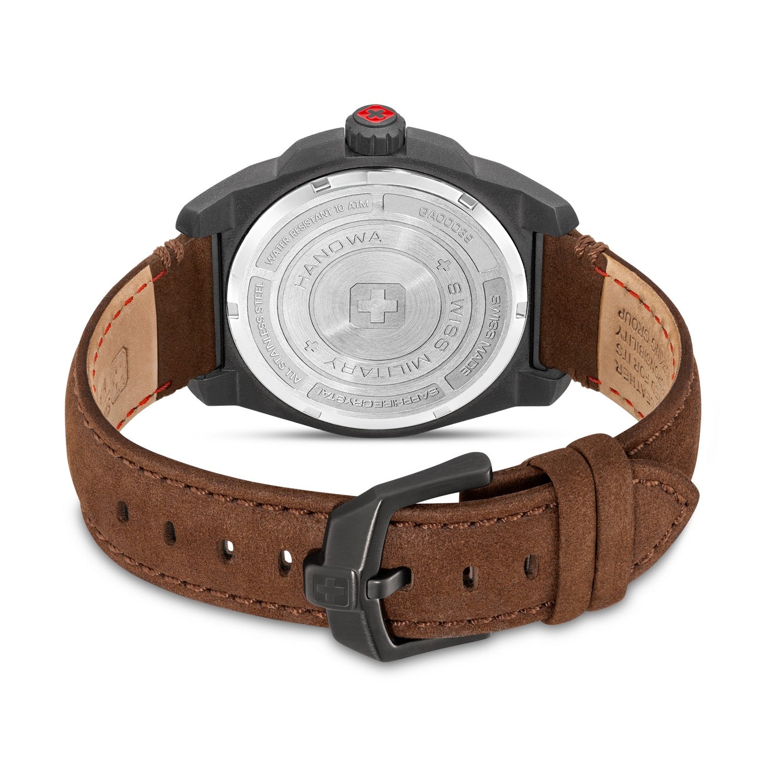 Watch with brown leather strap and black case on a white background