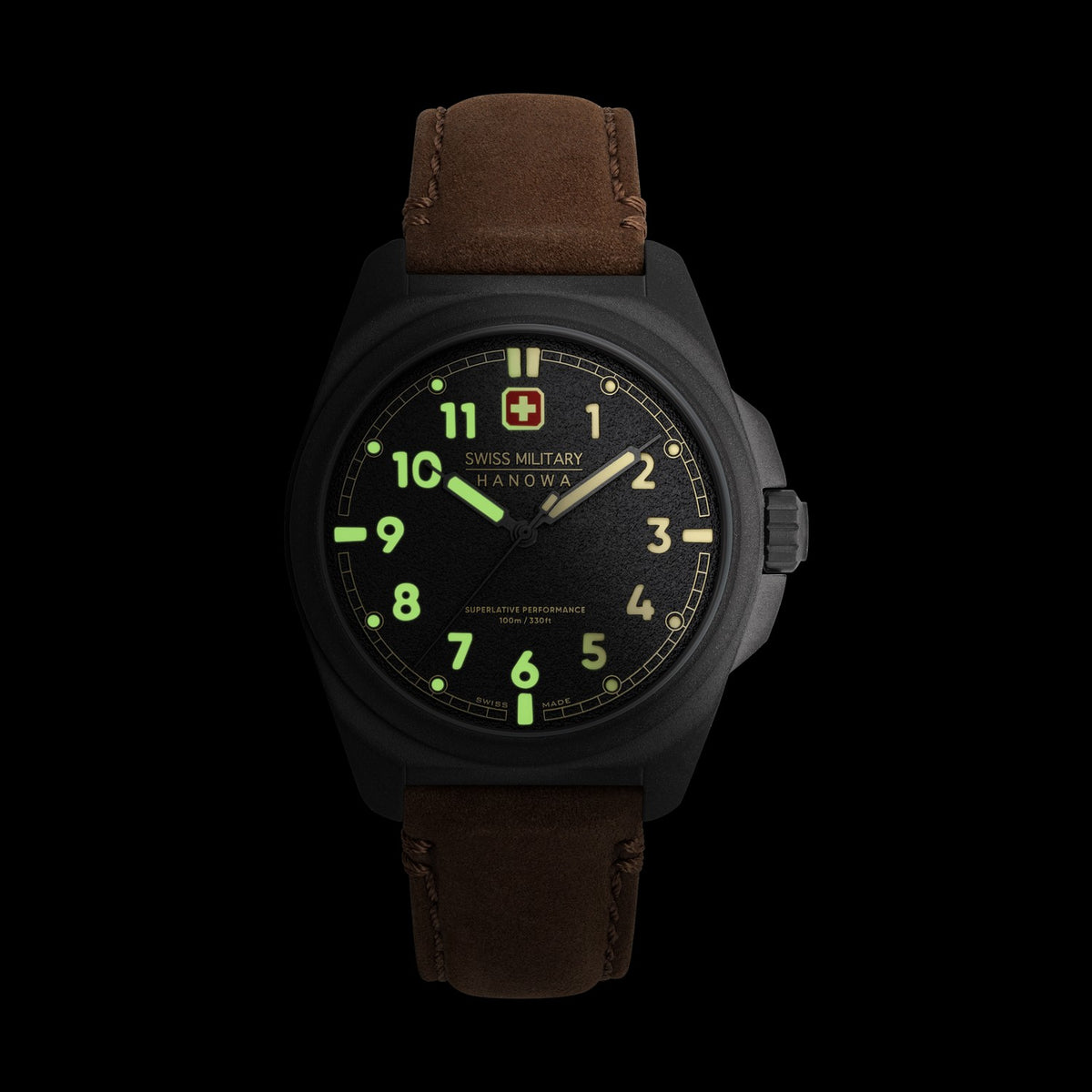 Black military-style watch with brown leather strap on a black background