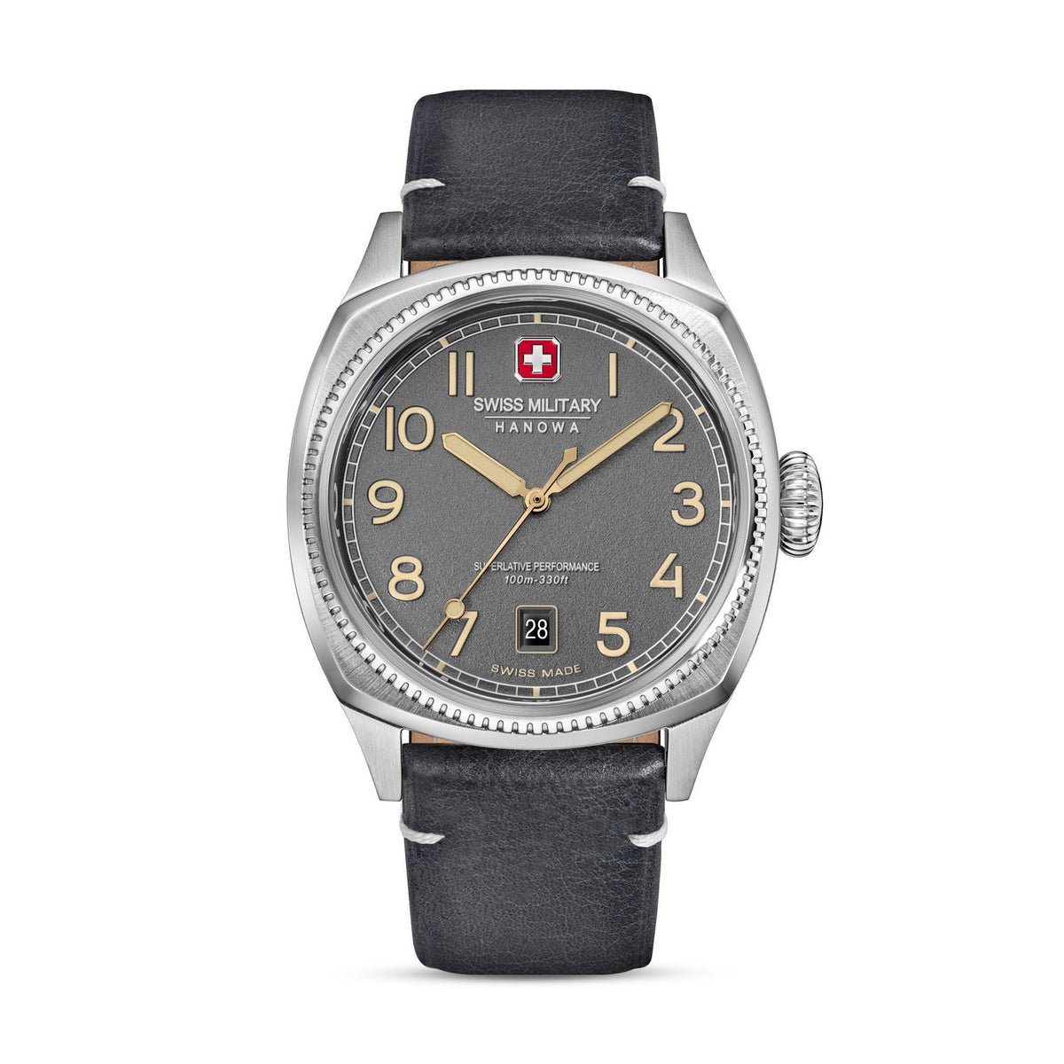 Swiss Military Hanowa watch with black leather strap and gray dial on a white background