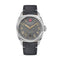Swiss Military Hanowa watch with black leather strap and gray dial on a white background