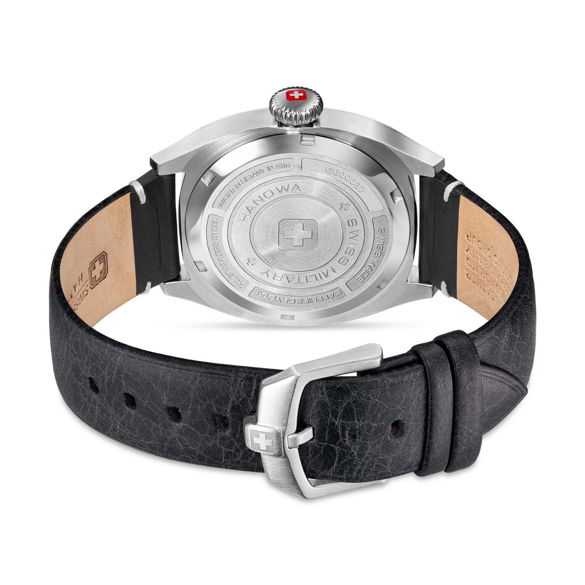 Watch with black leather strap and silver case on a white background