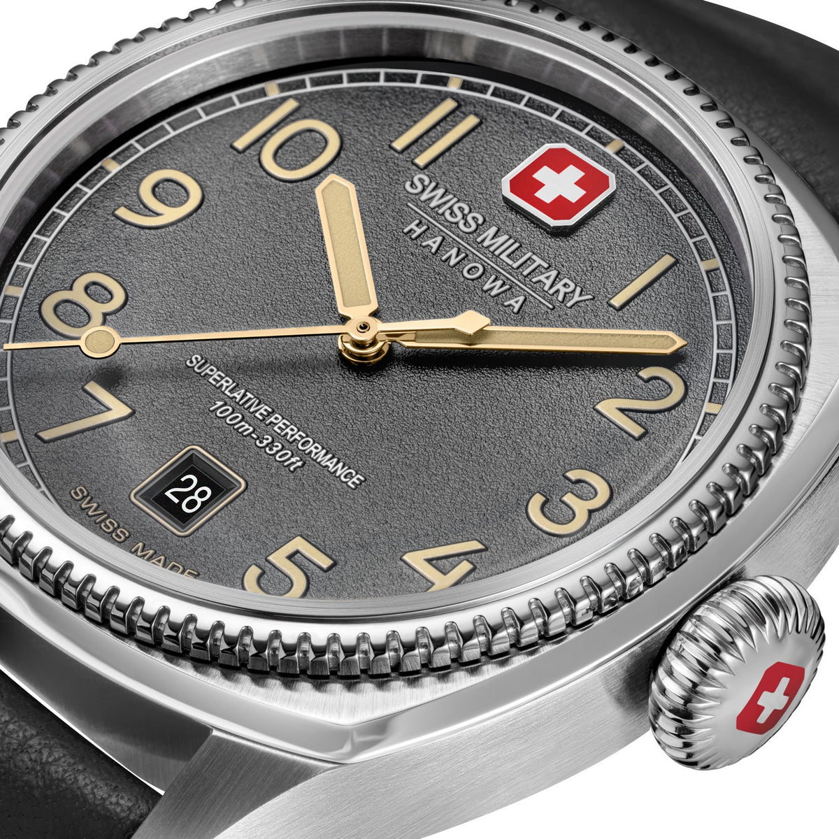 Swiss Military Hanowa watch with gray dial and gold accents