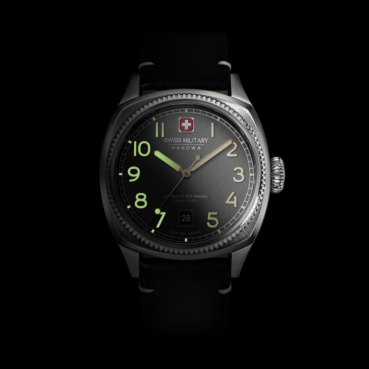 Swiss Military Hanowa watch with black strap and dark face on a black background
