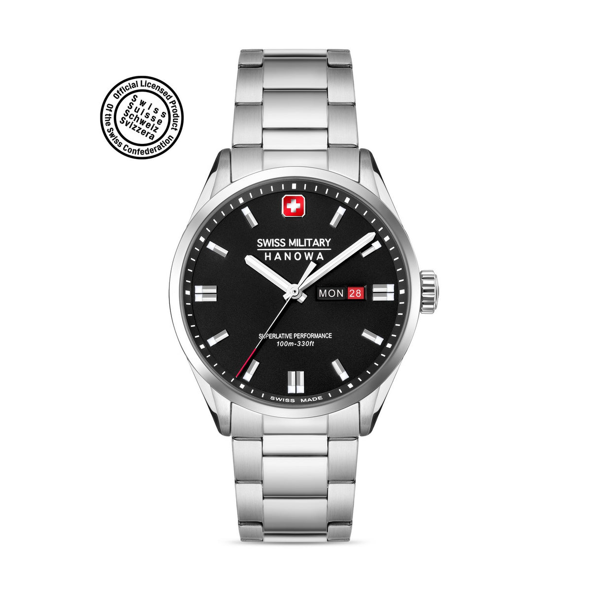 Swiss Military Hanowa watch with silver bracelet and black dial on a white background