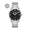 Swiss Military Hanowa watch with silver bracelet and black dial on a white background