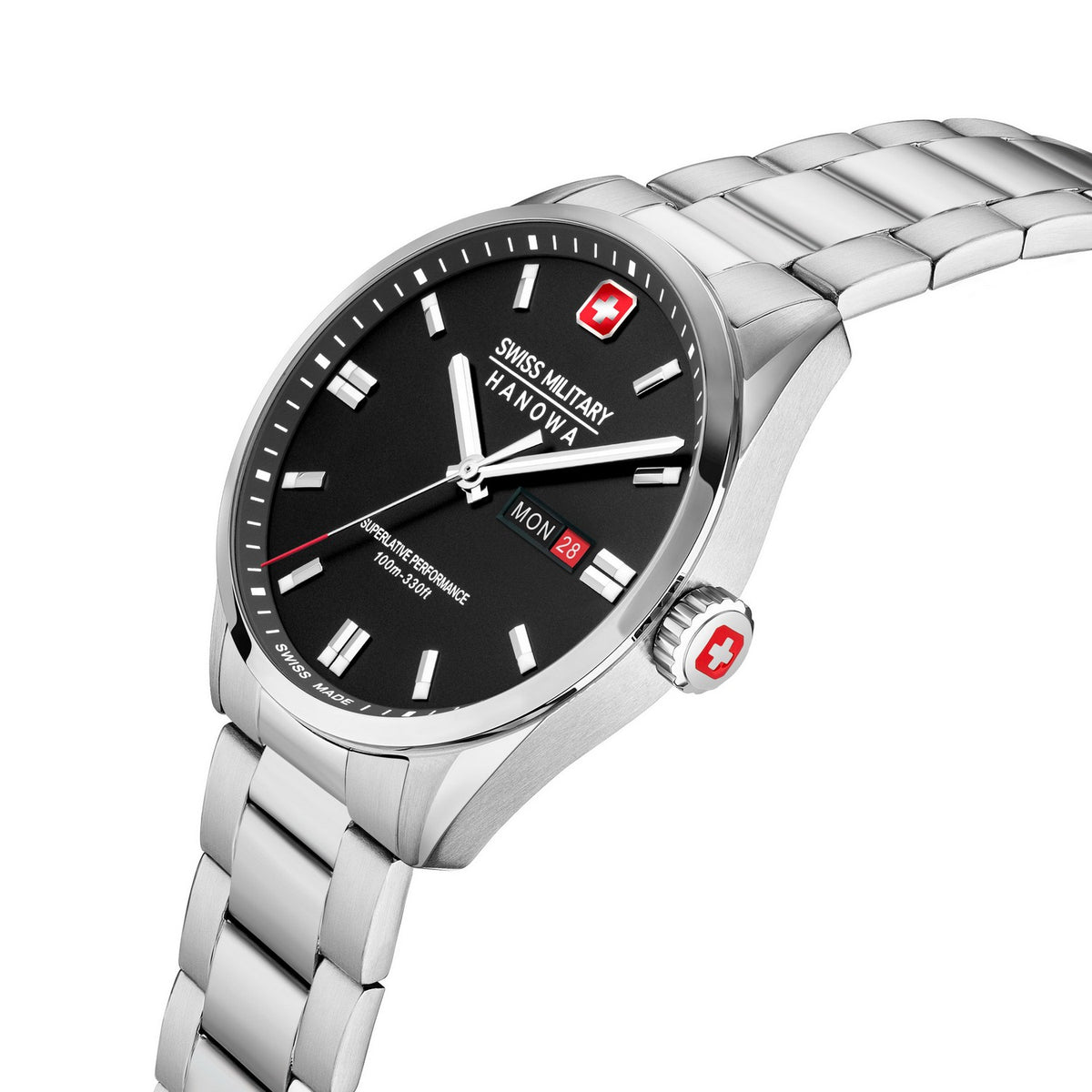Swiss Military Hanowa watch with black dial and silver metal strap on a white background