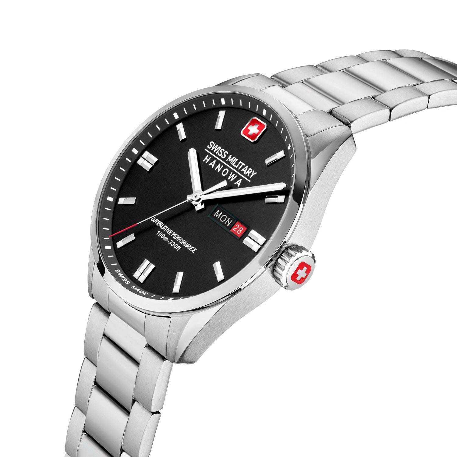 Swiss Military Hanowa watch with black dial and silver metal strap on a white background