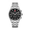Swiss Military watch with black dial and silver metal strap on a white background
