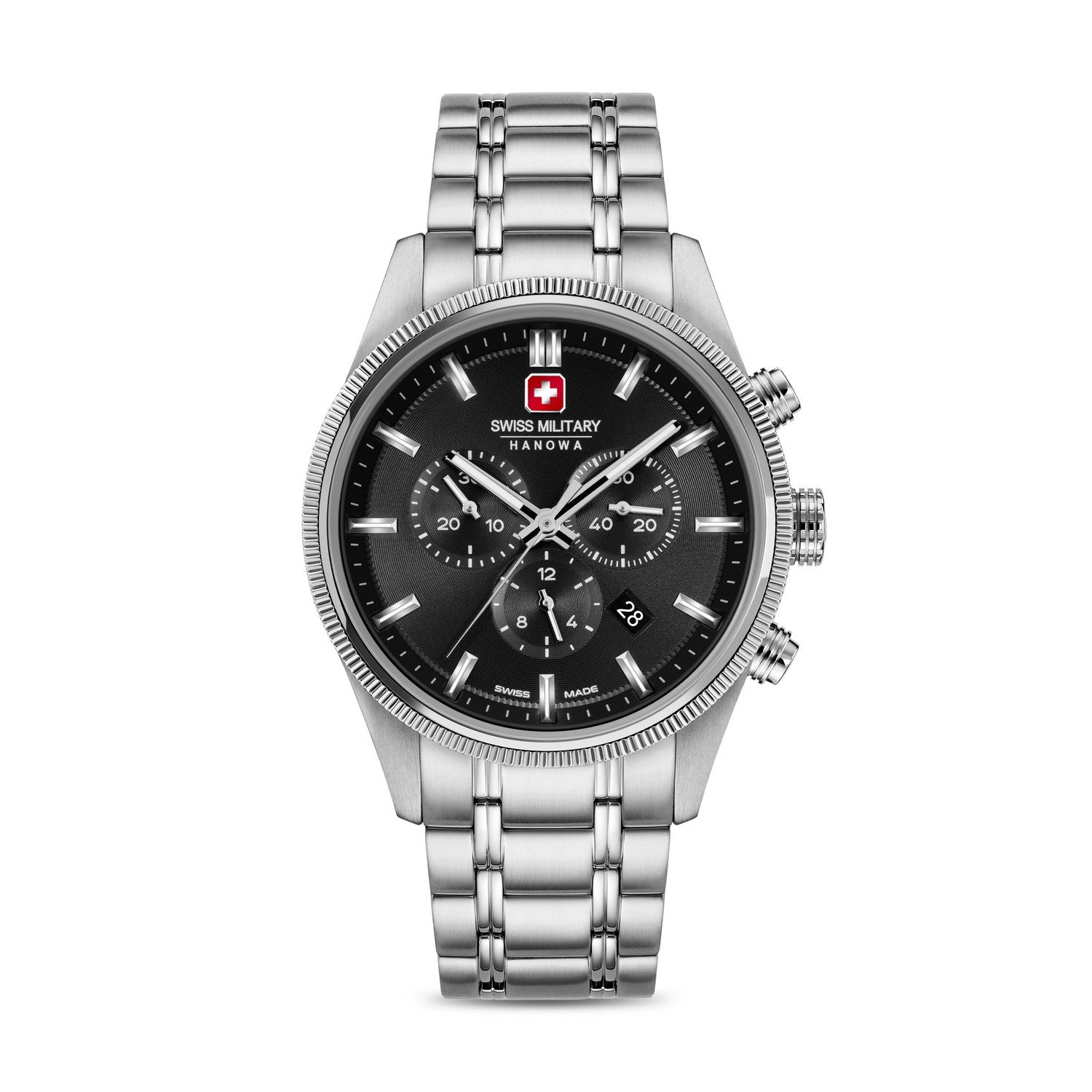 Swiss Military watch with black dial and silver metal strap on a white background