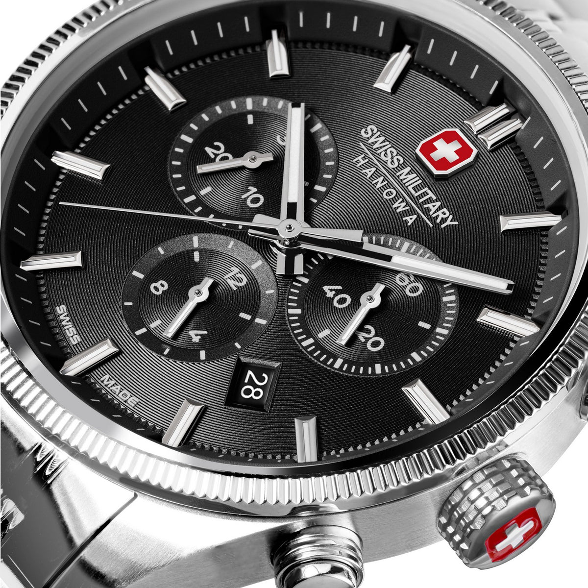 Swiss Military watch with black dial and silver case