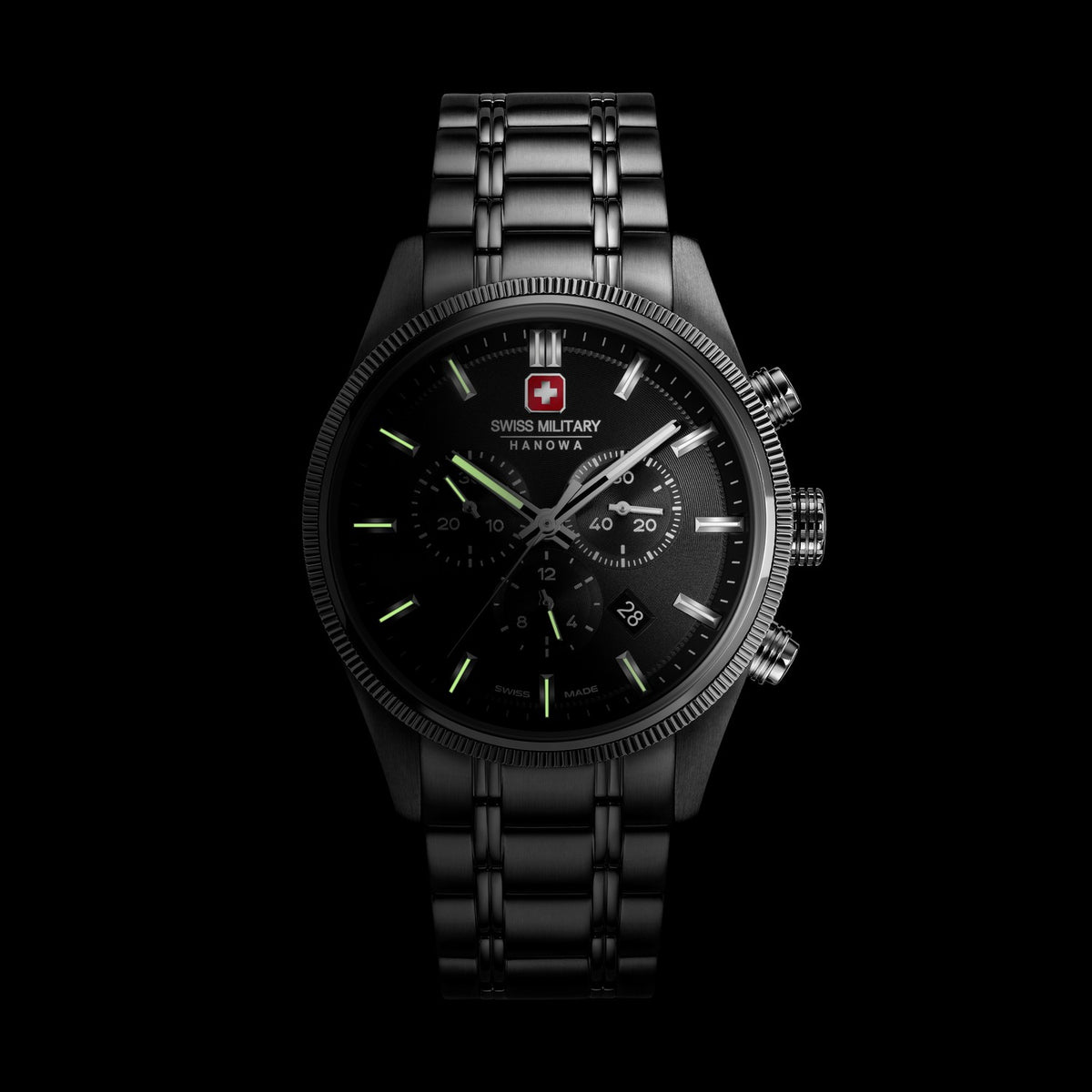 Black wristwatch with detailed face on a black background