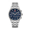 Silver Swiss Military watch with a blue dial on a white background