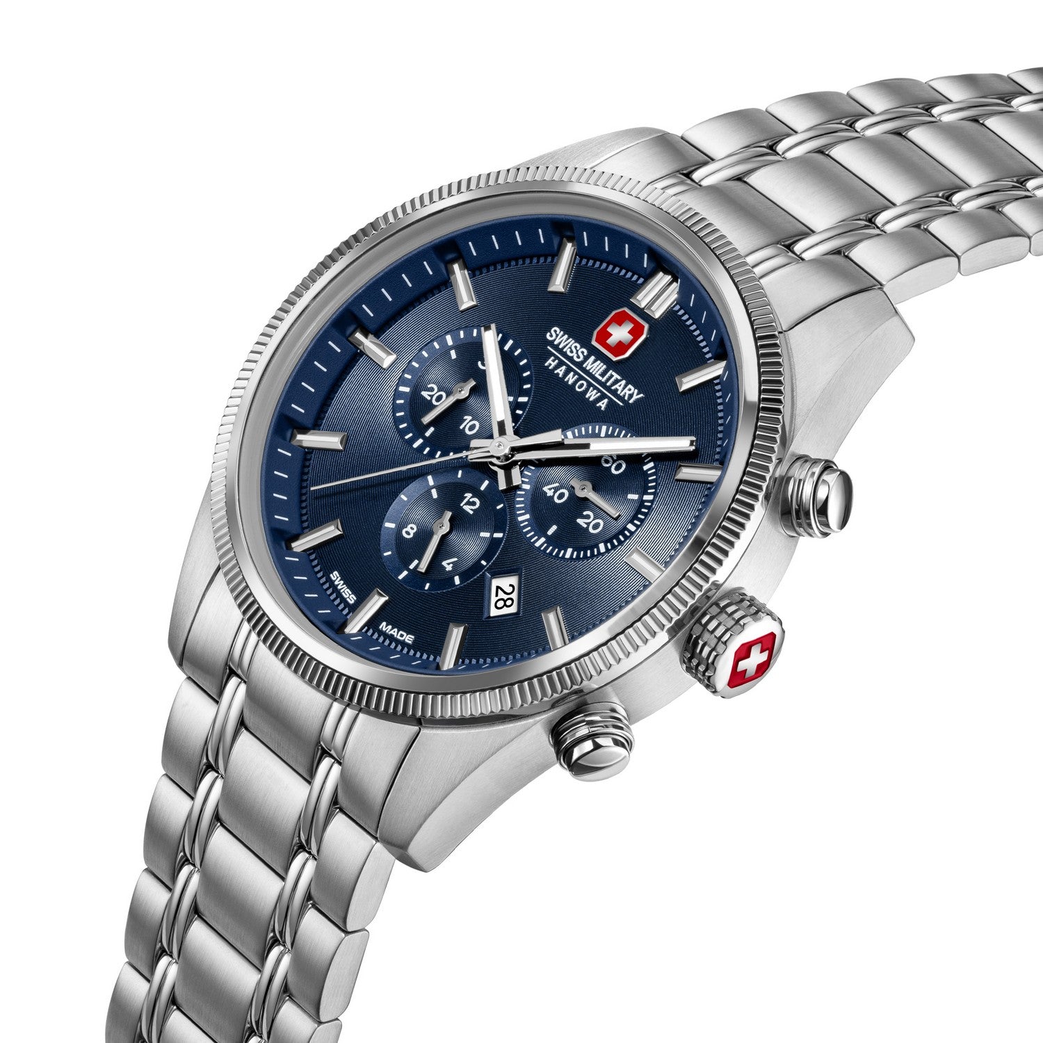 Silver Swiss Military watch with a blue dial on a white background