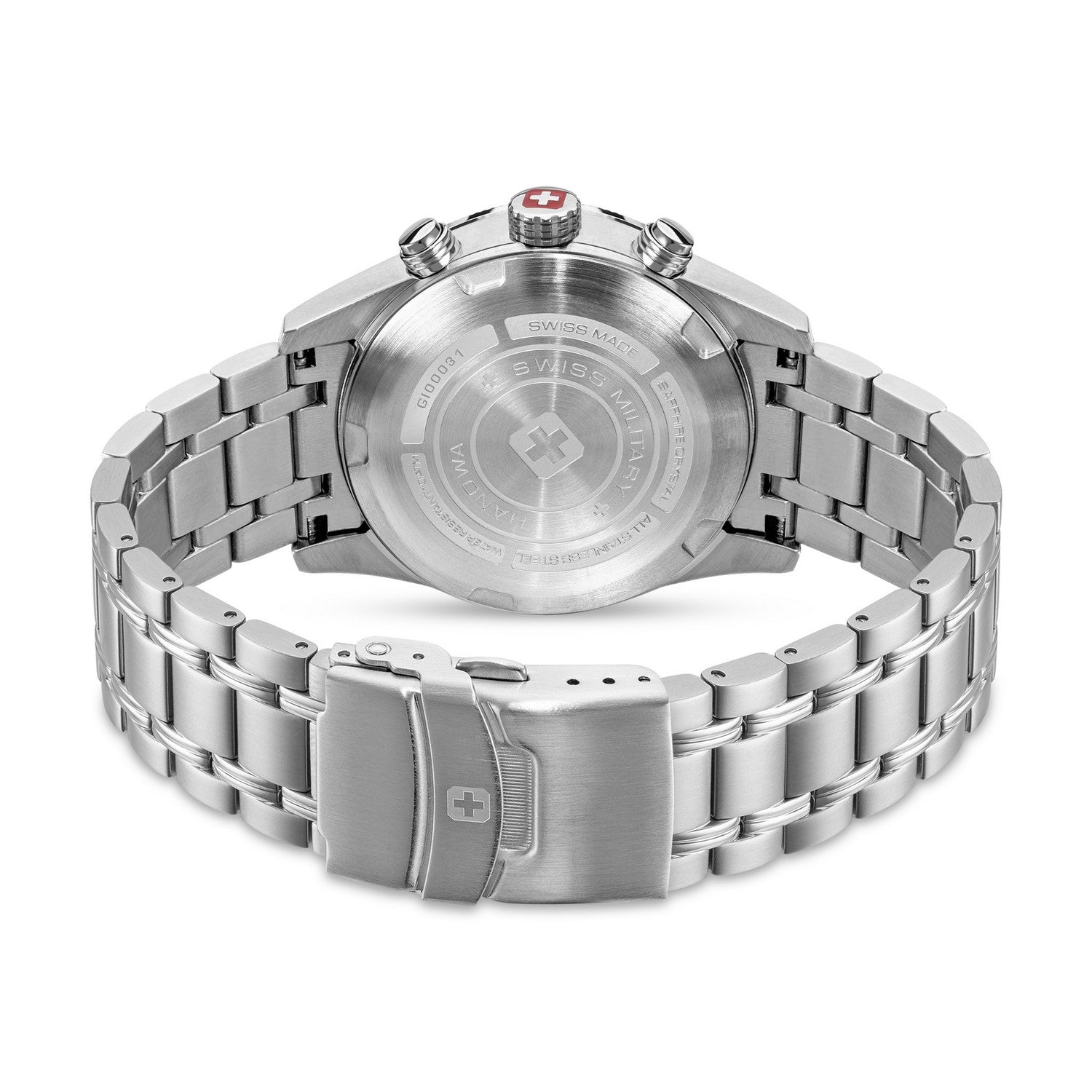 Silver watch with metal band on a white background