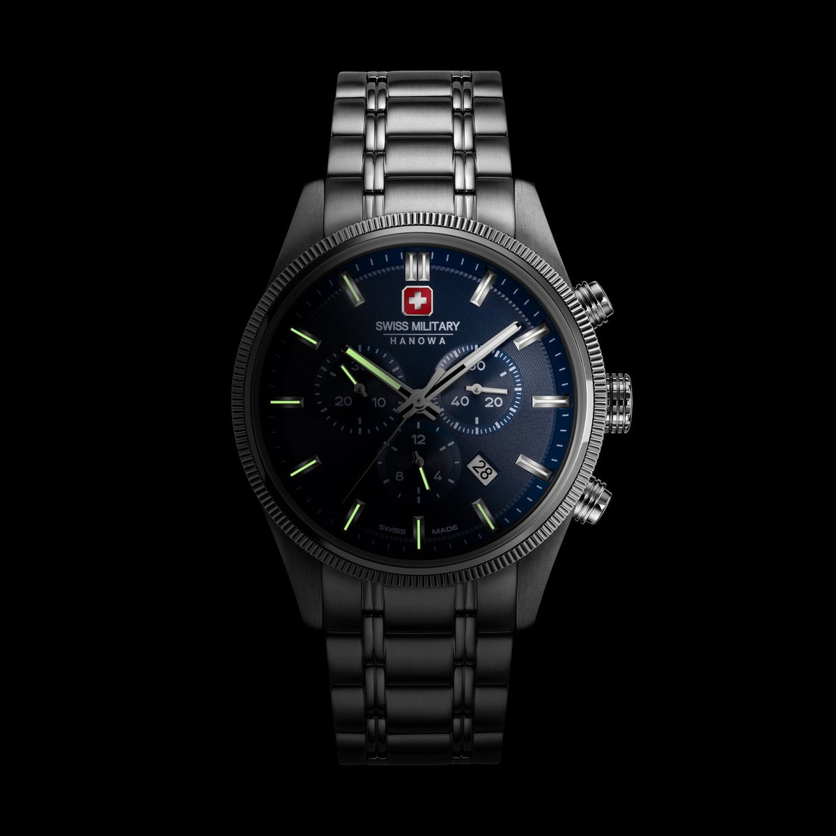 Swiss military watch with black strap and blue dial on a black background