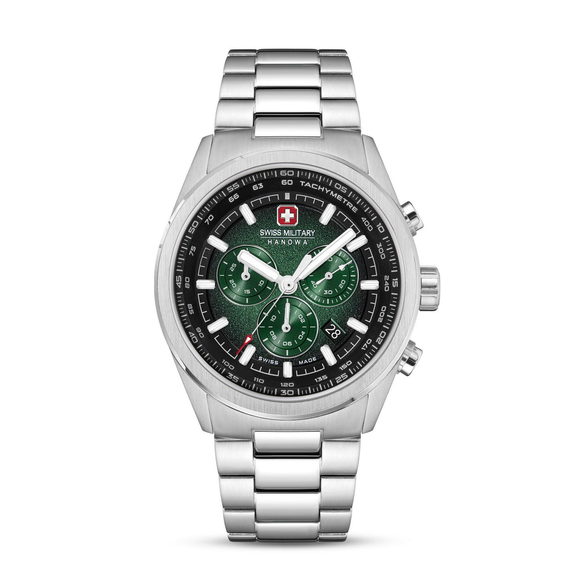 Silver watch with a green face on a white background