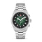 Silver watch with a green face on a white background