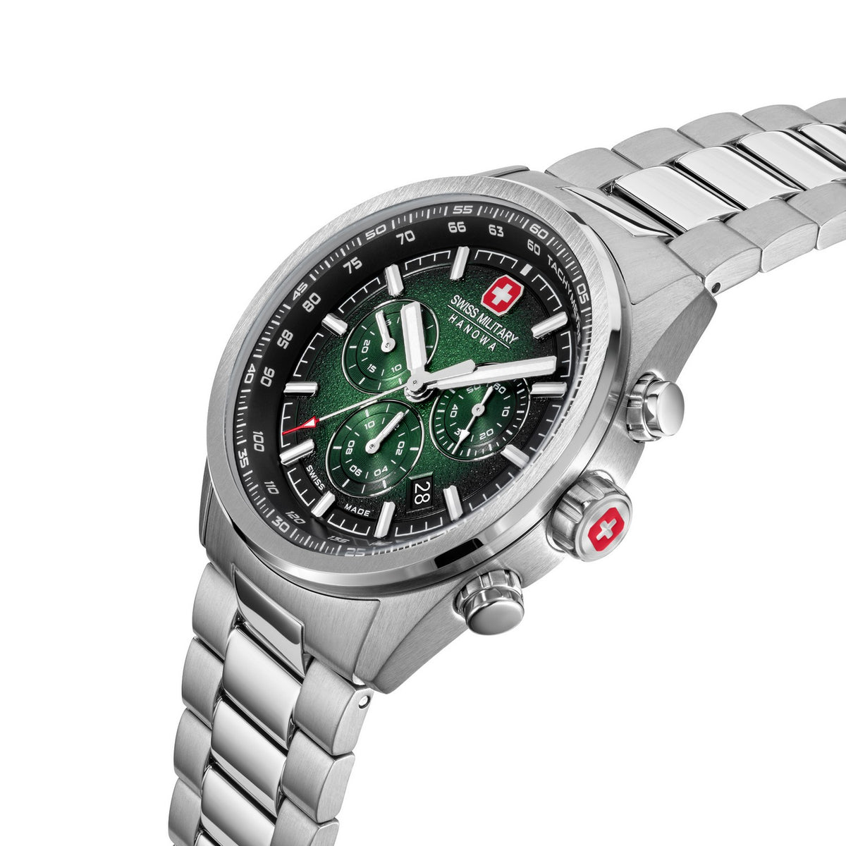 Silver Swiss military watch with a green face on a white background