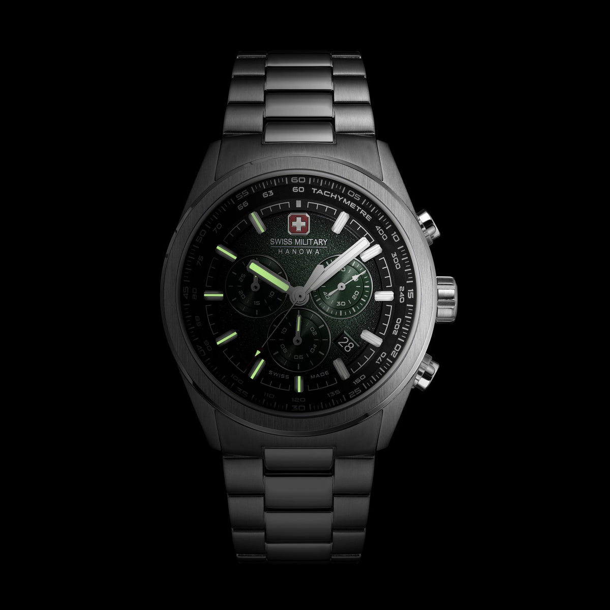Black Swiss Military watch with detailed face on a black background
