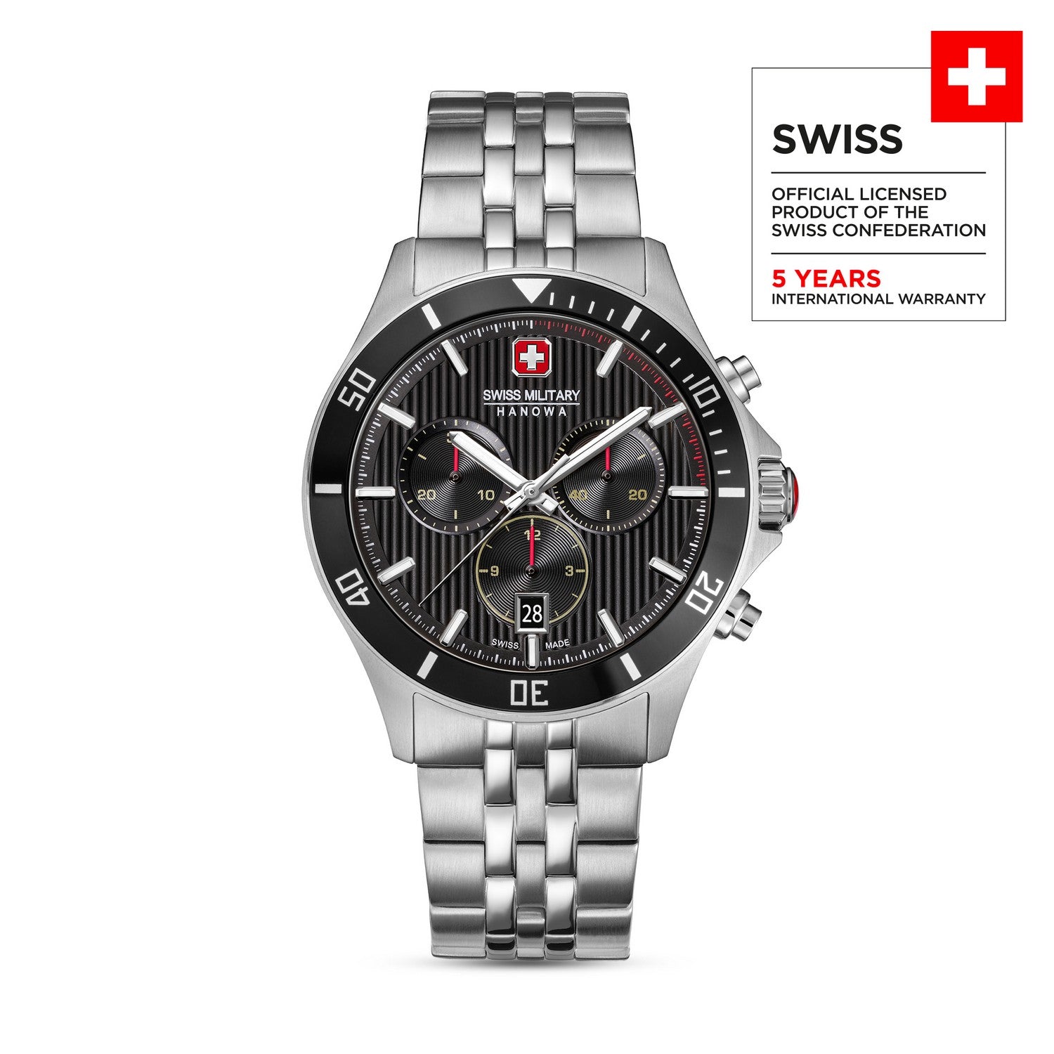 Swiss Military Hanowa watch with silver metal strap on a white background
