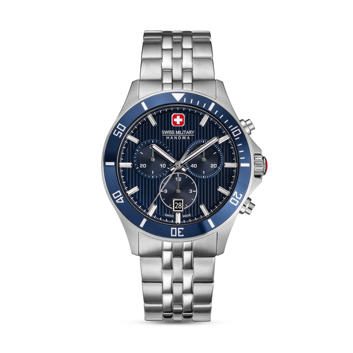 Swiss Military Hanowa watch with blue face and silver metal strap on a white background