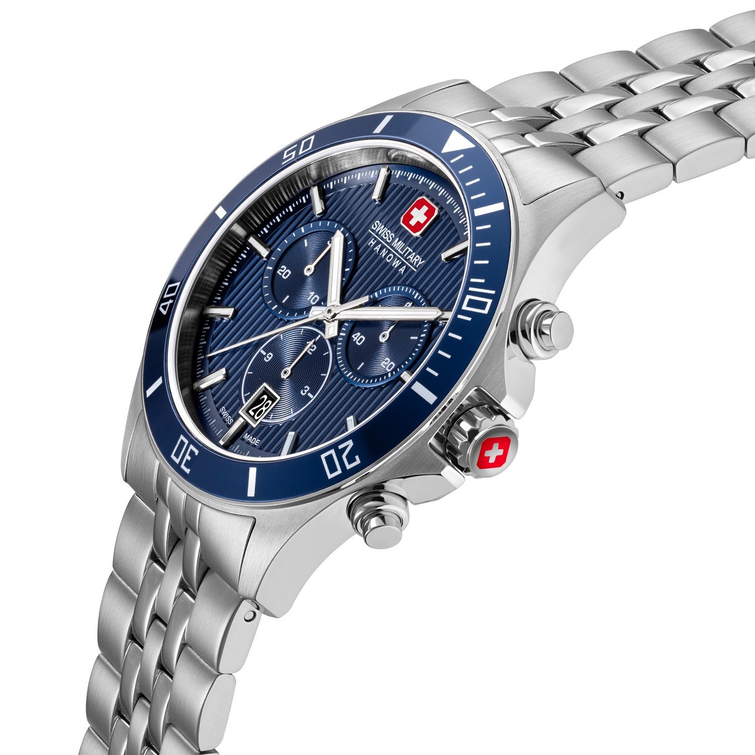 Silver watch with blue face and Swiss Made logo on a white background