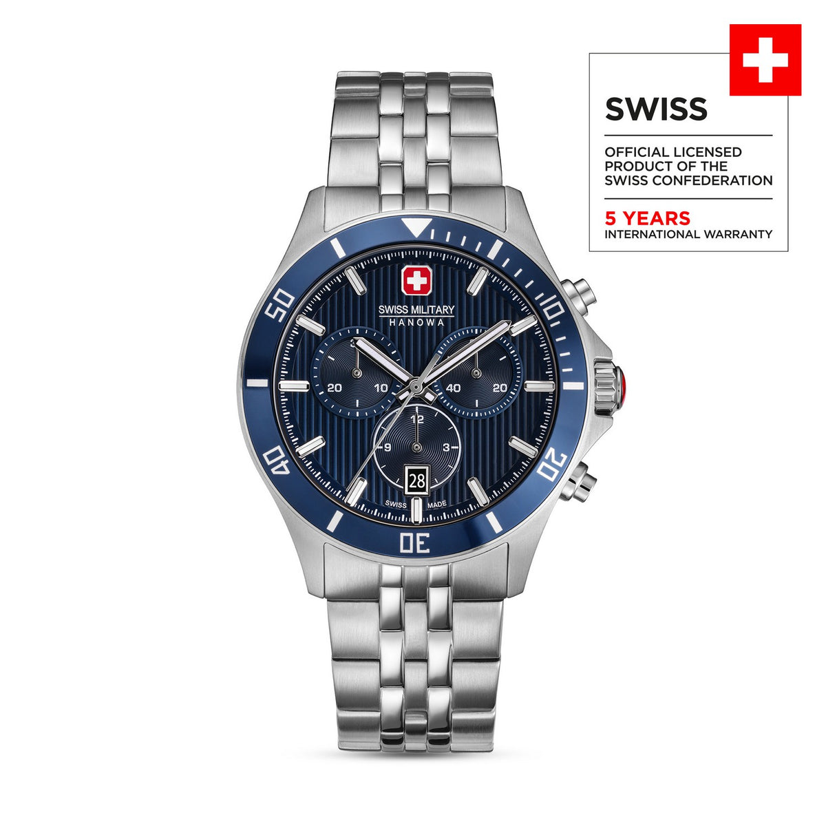 Swiss military watch with blue dial and silver bracelet on a white background